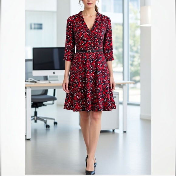 NY&Co Midi Dress w/ Red Floral Print on Navy, 3/4 Sleeve V-neck Belted sz L - Picture 2 of 16